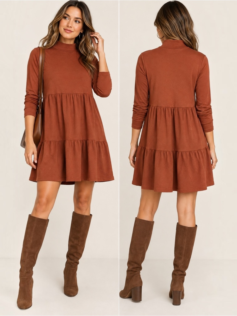 GAP Modern Mockneck Tiered Mini Dress SP Small Petite Saddle Brown Long Sleeve